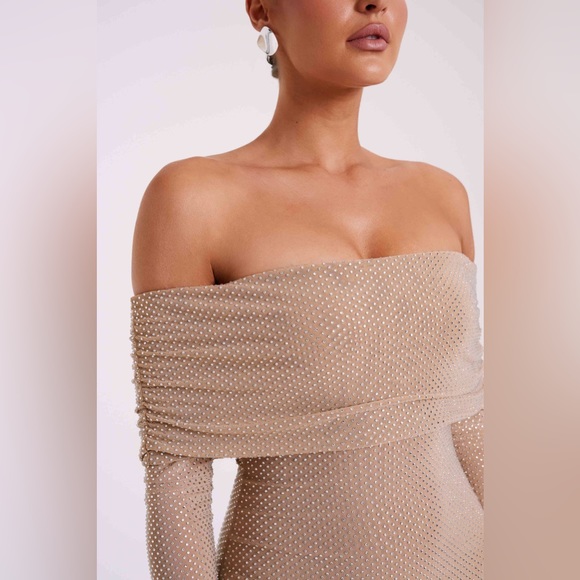 Meshki Marcel Off Shoulder Diamante Maxi Dress- Nude jeweled embellished diamond - Picture 2 of 14